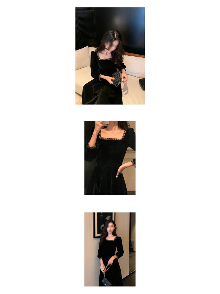French Velvet Dress with Gold-Edged Square Collar - Retro Hepburn Style, New Spring/Autumn Collection, Black, Mid-Length Skirt
