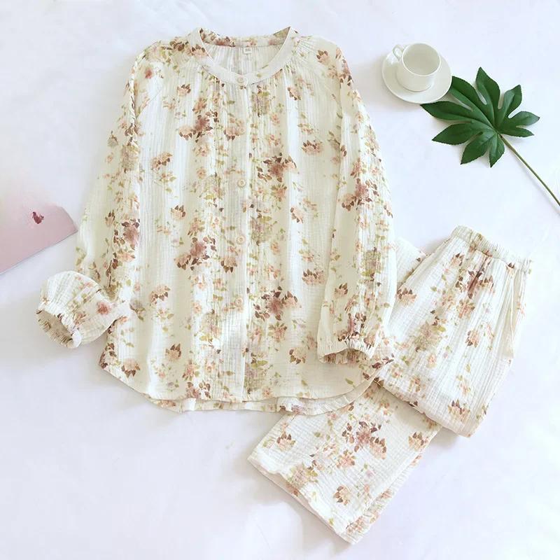 Spring / Autumn Cotton Gauze Pajamas Women's Stand-up Collar Long Sleeves Trousers Loungewear Set Loose  Pijamas