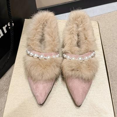 Mid Heel Square Heel Pumps Pointed Toe Cow Suede Women's Shoes On Sale 2024 High Quality Spring/autumn String Bead Pumps