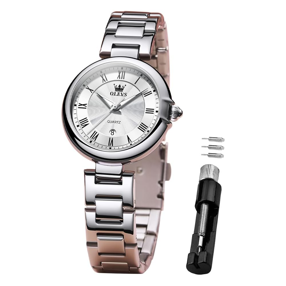 OLEVS Women s Quartz Watch Lightweight Waterproof Stainless Steel Luminous White
