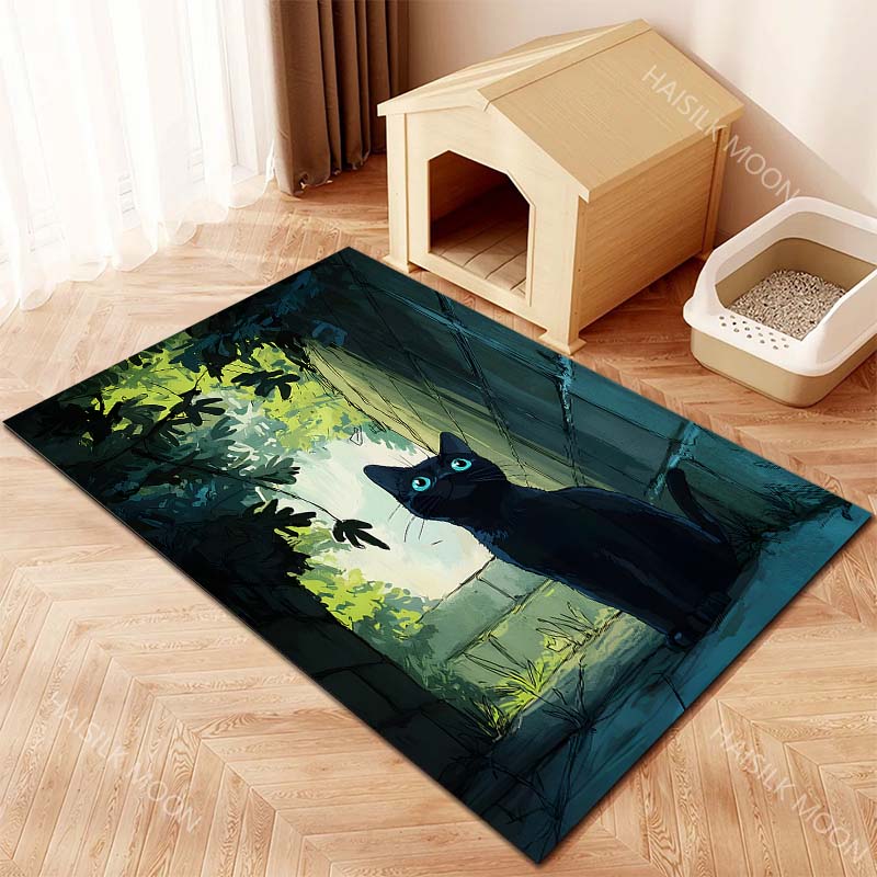 Multiple Sizes Black Cat Blue Eyes Leafy Alley Print Carpet for Living Room Bedroom Sofa Home Decor Non-slip Mat Luxury Gift