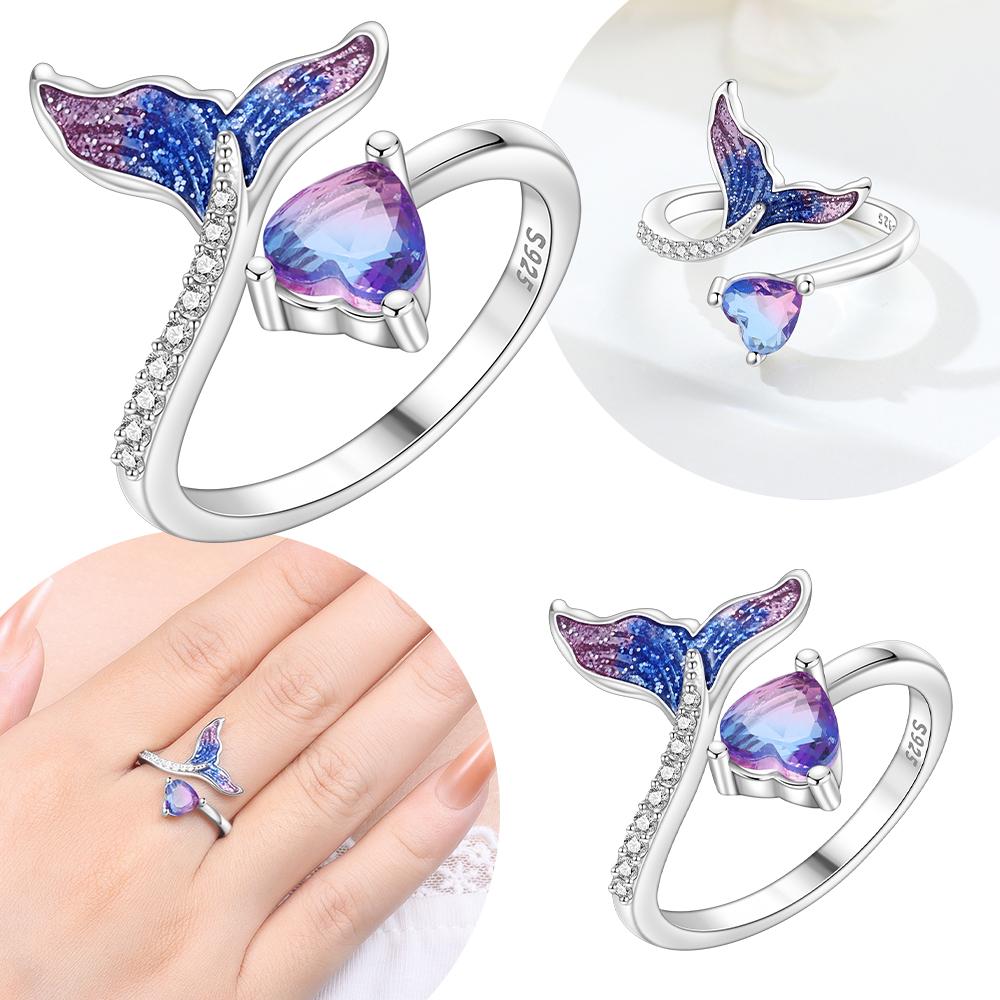 925 Silver Silver Mermaid Tail Heart Ring Heart Gemstone Purple Romantic Open Design Ring Valentines Jewelry Gift