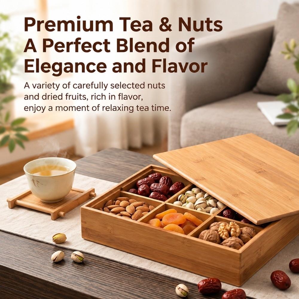 Bamboo Divided Nut Tray 6 Grid Lidded Compartment Candy Plate Festive Food Display