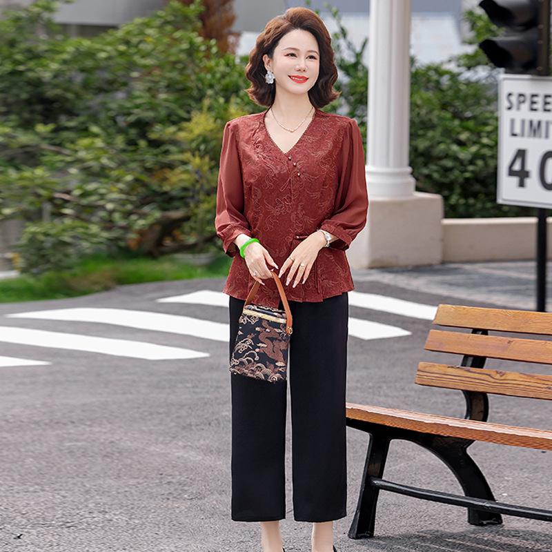 Elegant 2026 Summer Chinese-Style Short Sleeve Two-Piece Set for Moms XL
