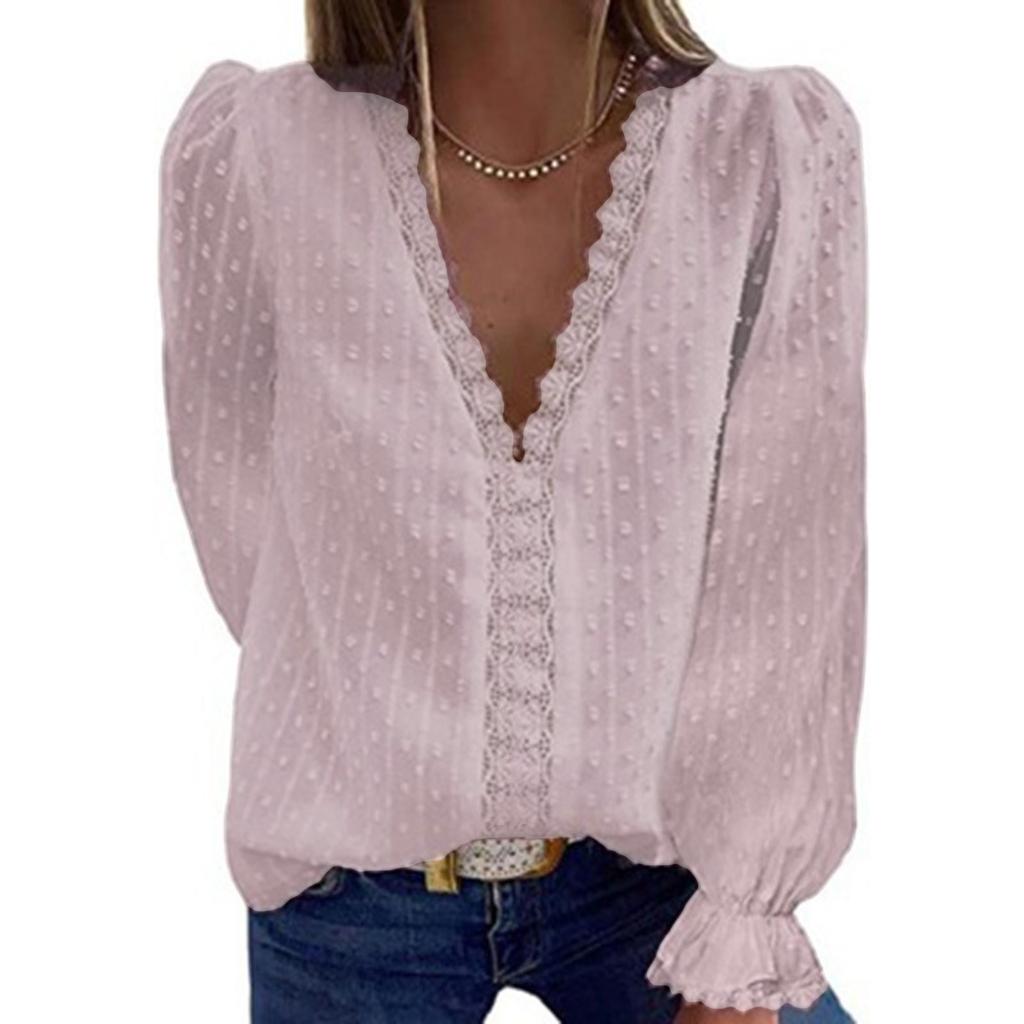Women's Blouse V-neck Chiffon Shirt Embroidered Lace Long Sleeve Tops