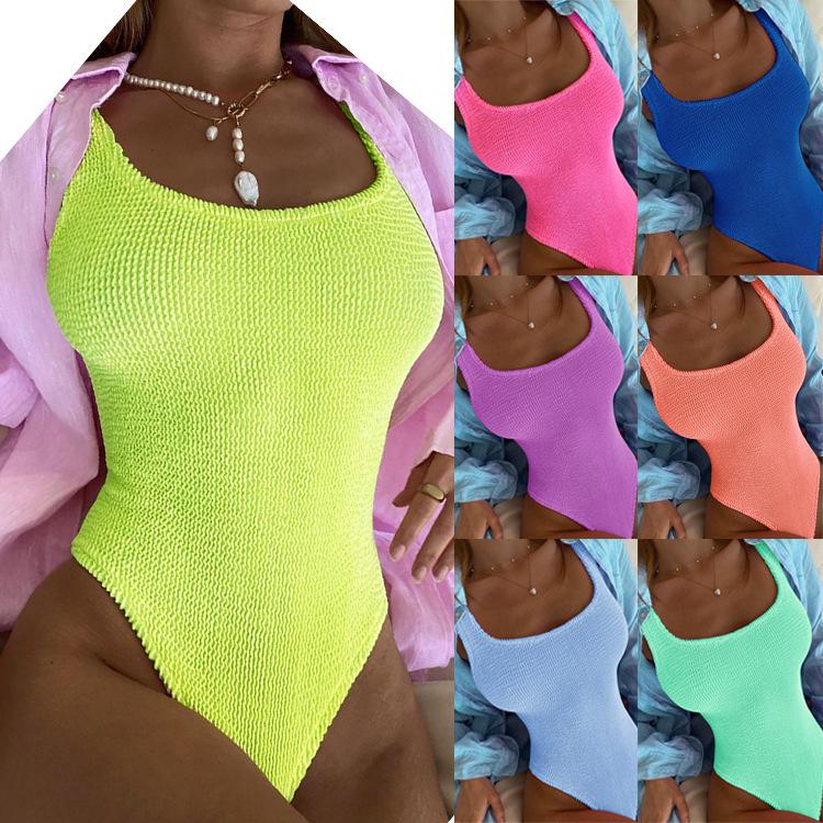 

2024 Women s Fluorescent Wavy Stripe One-Piece Swimsuit with Pleated Fabric Large