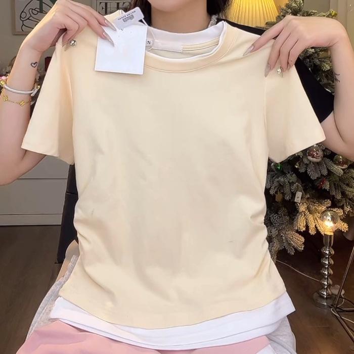

2025 summer apricot front shoulder crew neck fake two pieces short pleated design short sleeve T-shirt women s irregular top XL