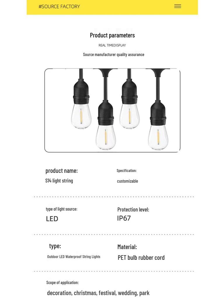 Outdoor Waterproof E27 S14 LED String Lights for Festive Atmosphere in Camp or Garden