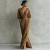 2026 European and American high-end linen wrap dress deep V bat sleeve waist pleated split fork with pocket dress