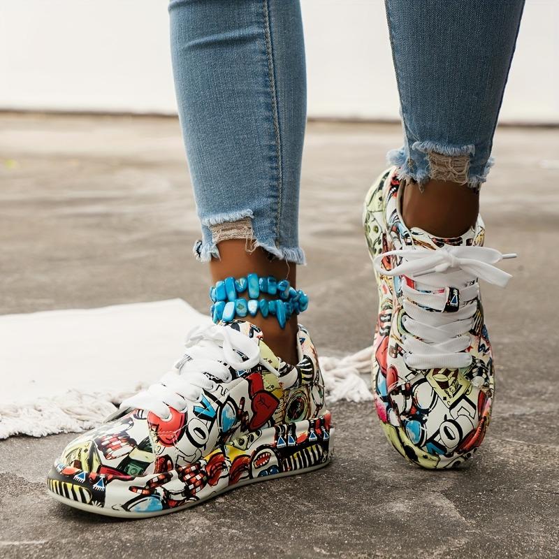 Playful Women's Sneakers - Vibrant Heart & Music Graphic Design, Breathable Synthetic Cover Rubber Sole, All-Season Casual Shoes for Petite Wome