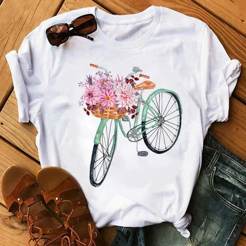 Spring Summer Ladies Floral Bicycle Pattern Fashion Cartoon Print White Letter T-shirt Woman Clothes T Shirt Tops Tee Graphic
