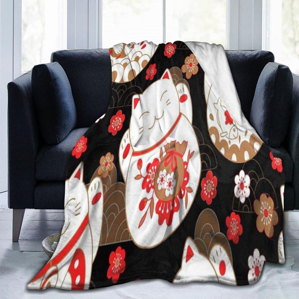 Fortune Cat Pattern Printed Blanket for Sofa Bed Travel Camping Living Room Office Conditioning Blanket for All Seasons Gifts