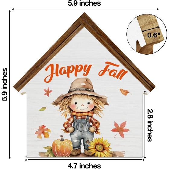 Scarecrows Fall Decor, Pumpkin Scarecrow Happy Fall House Shaped Wood Block Sign, Autumn Farmhouse Home Decor for Desk Table Shelf