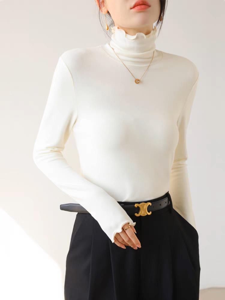 Double-Sided Velvet Frilled High-Collar Long Sleeve Women's T-Shirt - Autumn/Winter Fashion, High Elastic, Versatile.