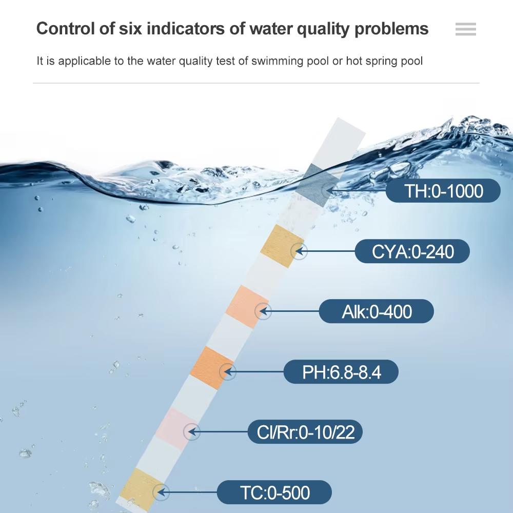 50pcs 6 In 1 Chlorine PH Test Strips Swimming Pool Spa Water Test Paper Hardness Chlorine Alkalinity PH Cyanuric Bromine Detect