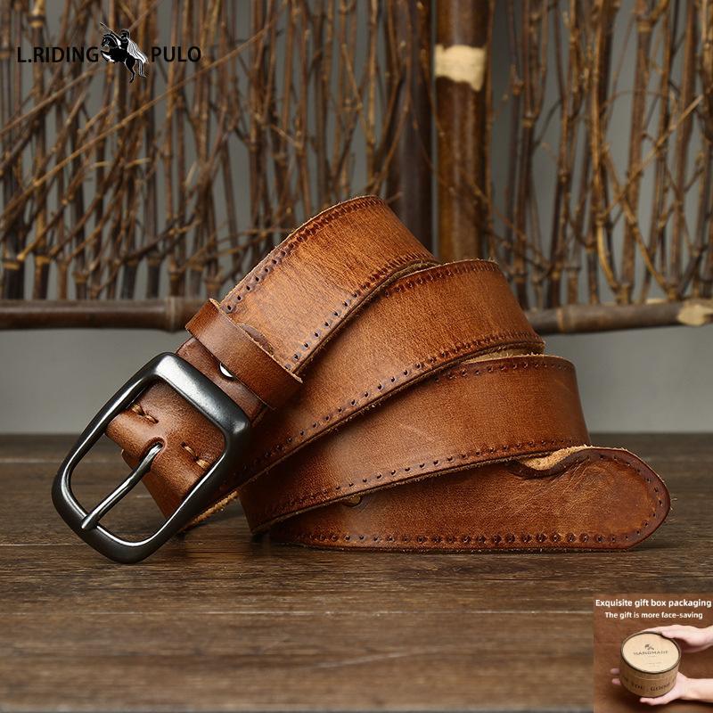 Fashion Retro Distressed Wrinkled Leather Belt for Men and Women Genuine Leather First Layer Cowhide Casual Jeans Belt