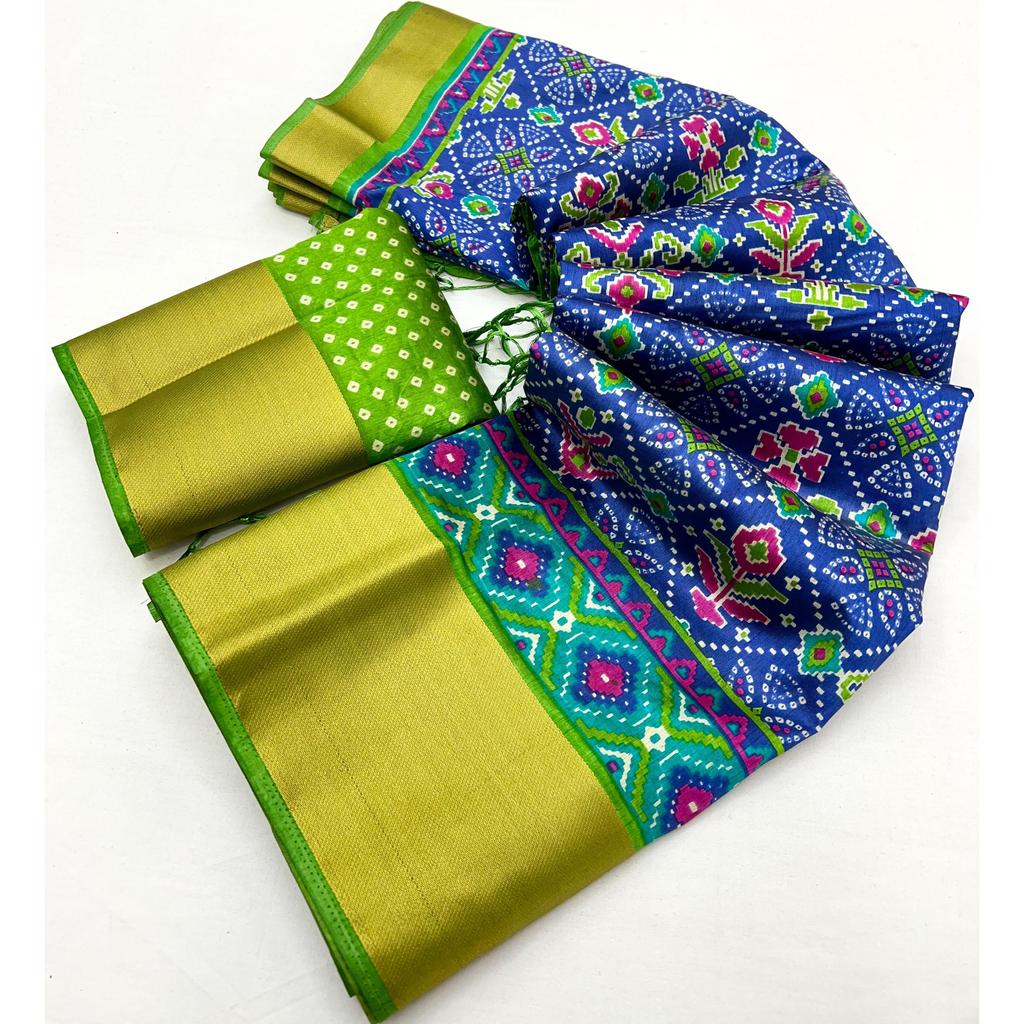 Tussar Silk Lagdi Patta With Kalkota Hand Printing Patola Print In Full Saree With Fancy Tassels In Pallu With Running Blouse