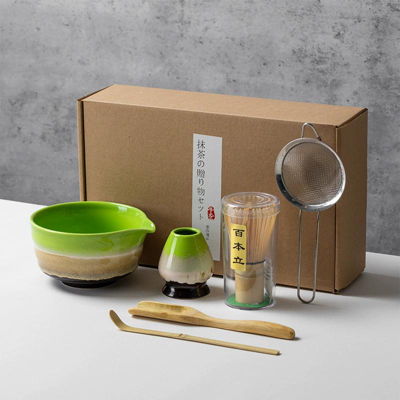 4-6pcs Traditional Bamboo Ceramic Japanese Matcha Tea Set with Spout Reusable Matcha Whisk Set Food Grade Safe Match Bowl