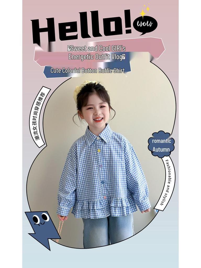 Girls' Plaid Ruffle Shirt - Korean Style Autumn Blouse for Little Girls
