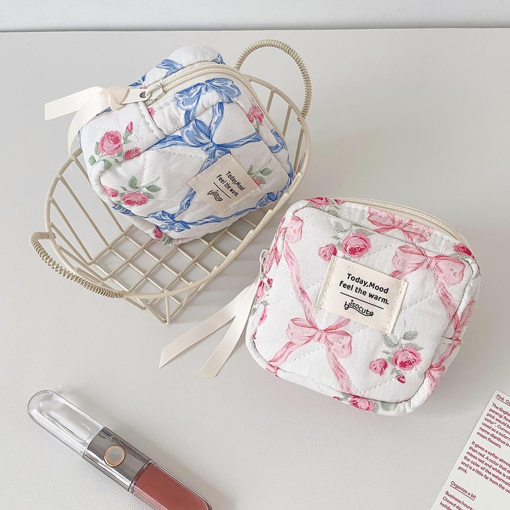 Cute Bow Flower Quilting Cotton Makeup Bag Portable Travel Small Item Bag Sanitary Napkin Makeup Small Fashionable Cosmetic Case