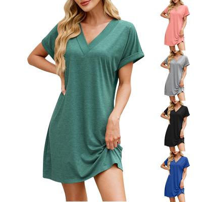 Women's Fashionable Solid Color V Neck Loose Short Sleeved Pullover Dress