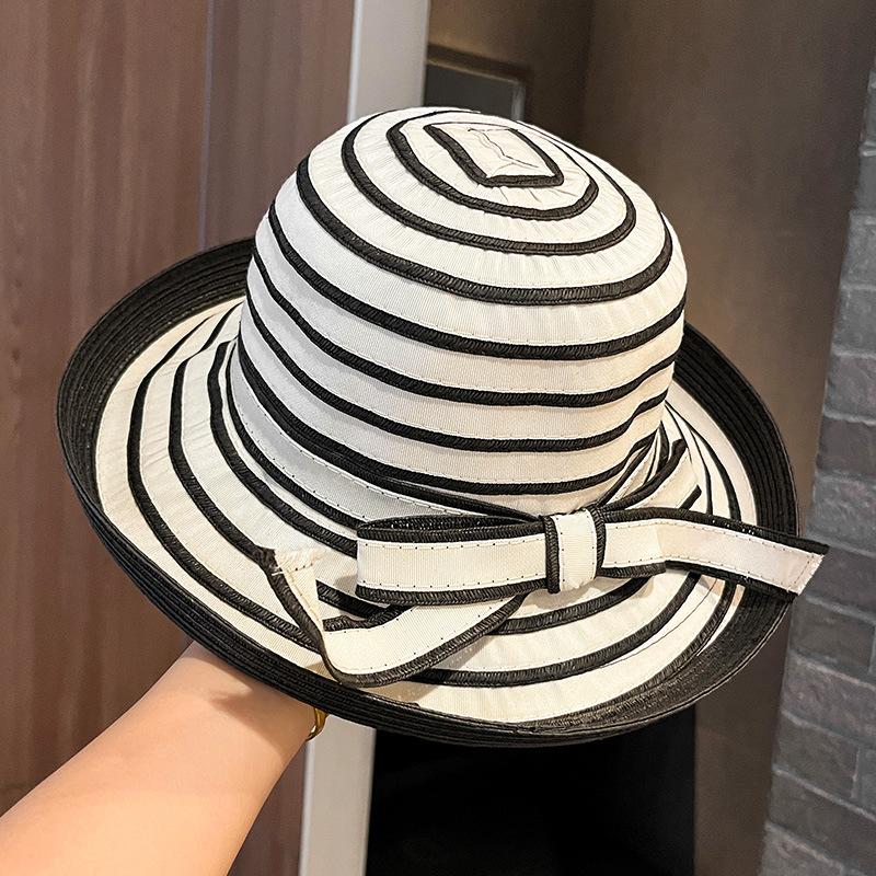 Foldable summer striped bow sunshade sunscreen bucket hat women's new big brim fishing fashion versatile hat