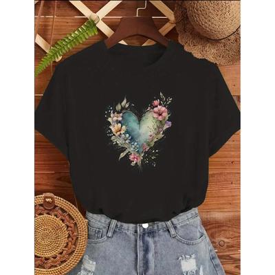 Women's Black White Floral Heart Print T-Shirt Crew Neck Short Sleeve Lightweight Polyester Medium Stretch Casual Versatile Daily Home Restaurant Top
