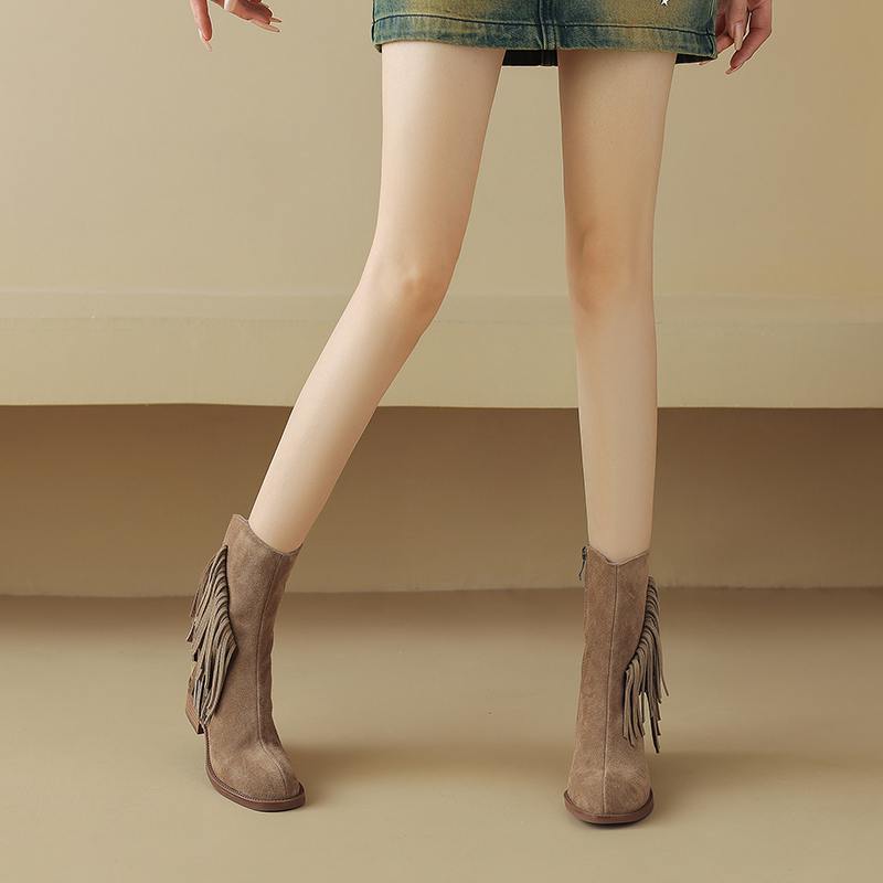 Krazing Pot Cow Suede Nubuck Autumn Winter Shoes Med Heels Size 42 Modern Boots Round Toe Zipper Tassel Ankle Boots
