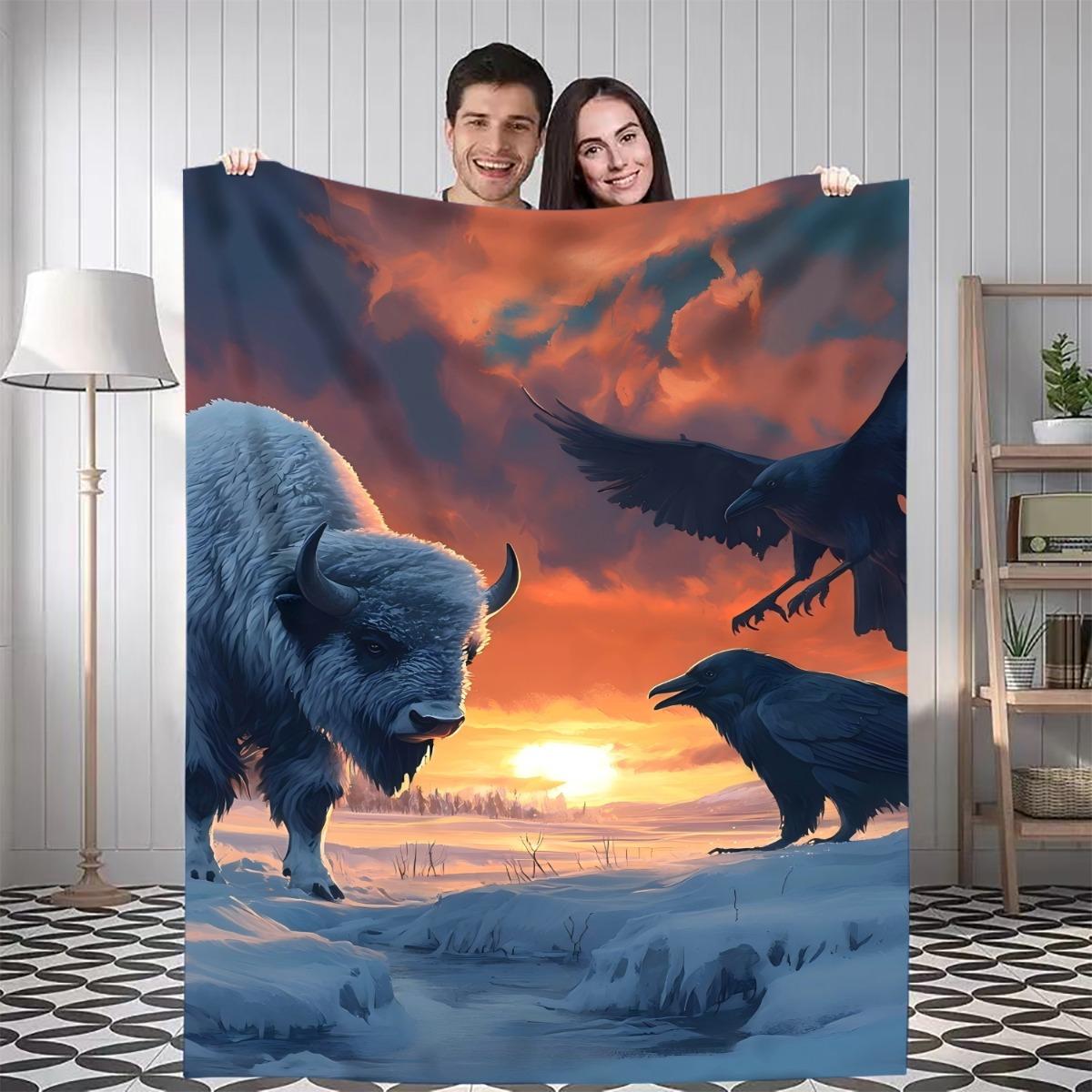 1pc Snowfield Confrontation Digital Printed Design Pattern Blanket - All-Season Soft Flannel Throw with Majestic Bison & Ravens 75x90cm28x35in