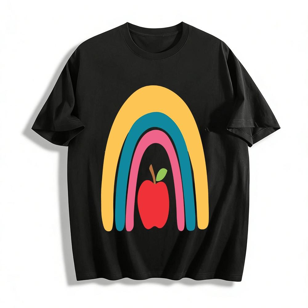Fun Apple Rainbow Print Casual T-Shirt Pure cotton T-shirt