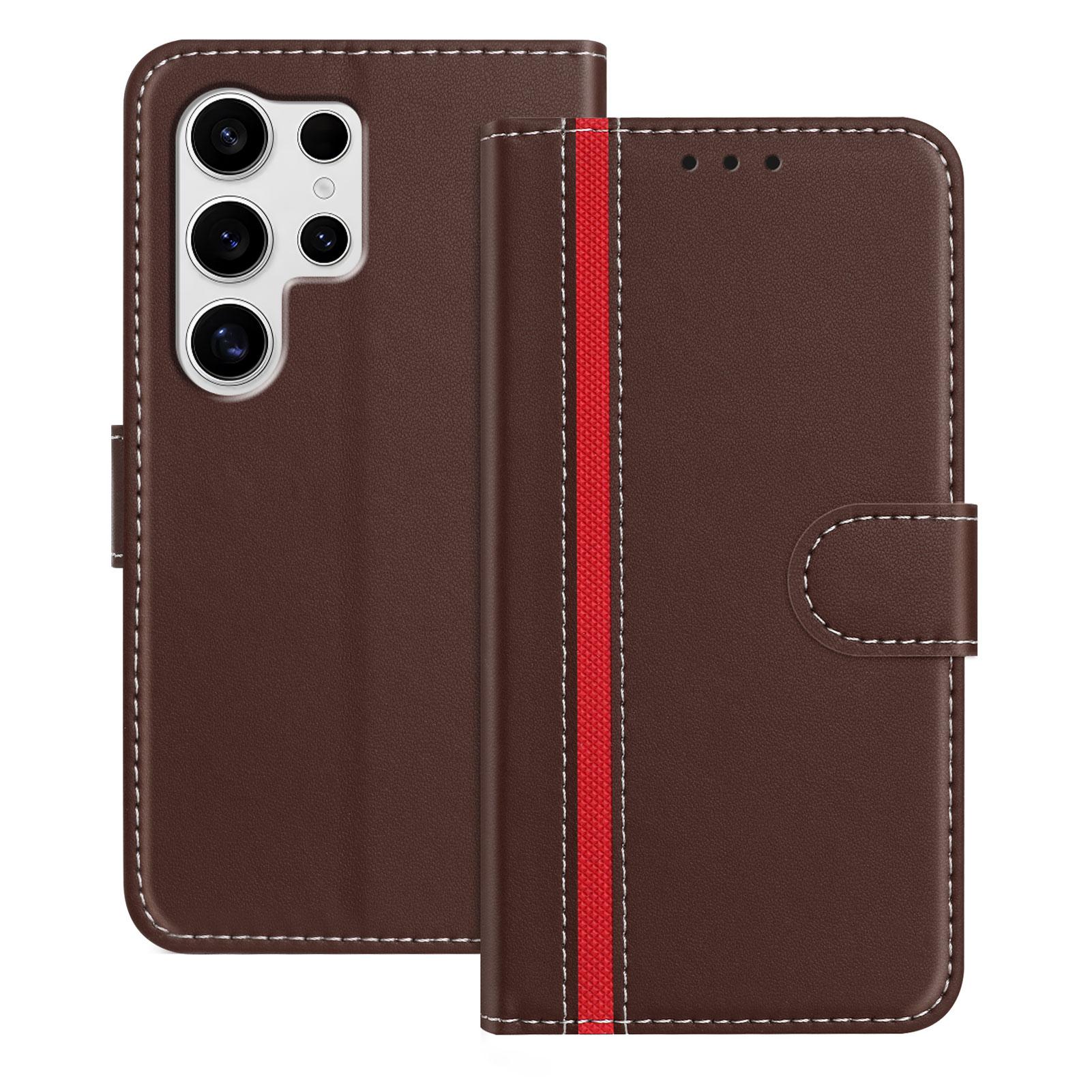 

For Samsung Galaxy S25 Ultra Phone Cases Wallet Stand Color Splicing Leather Cover with Magnetic Clasp Brown