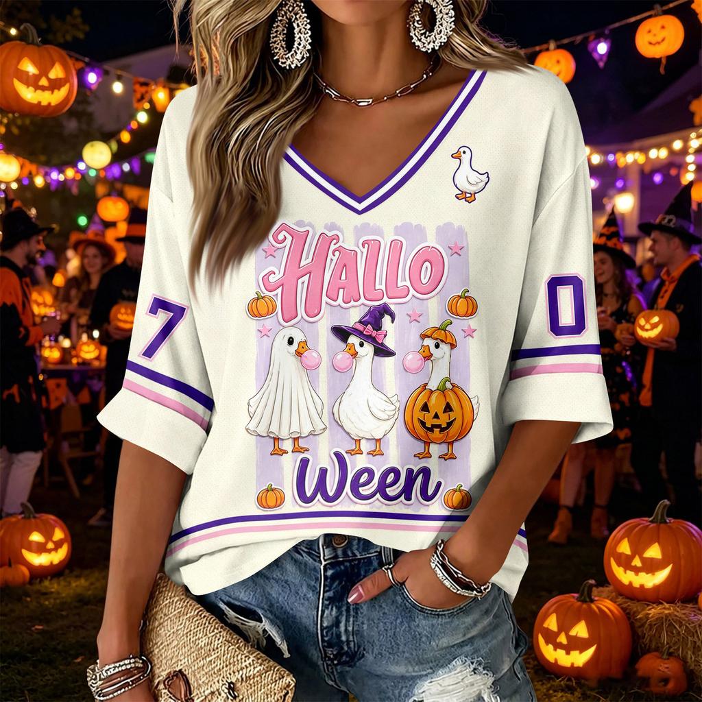 Women's Casual Fashion Three-Quarter Sleeve V-Neck Top with Halloween Print