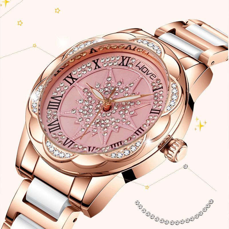 Women Quartz Watch Rhinestone Camellia Wrist Watches for Female Clock