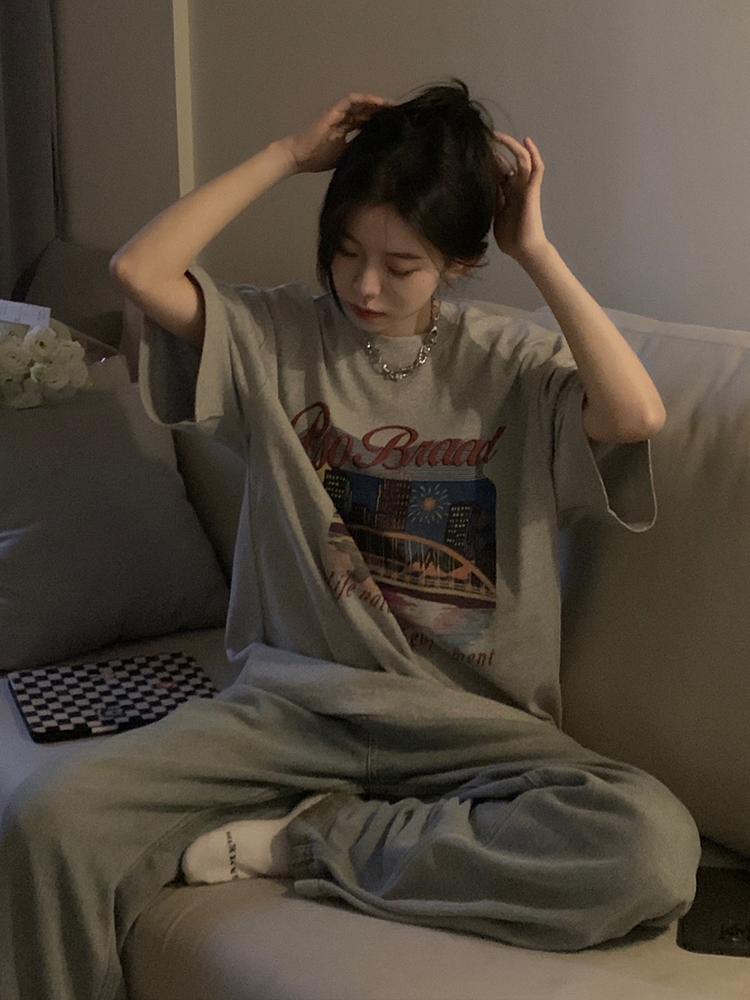 American Vintage Fashion T-shirt Women Oversize Summer Night View Pattern Short Sleeve Clothing Half Sleeves Loose Top Tide