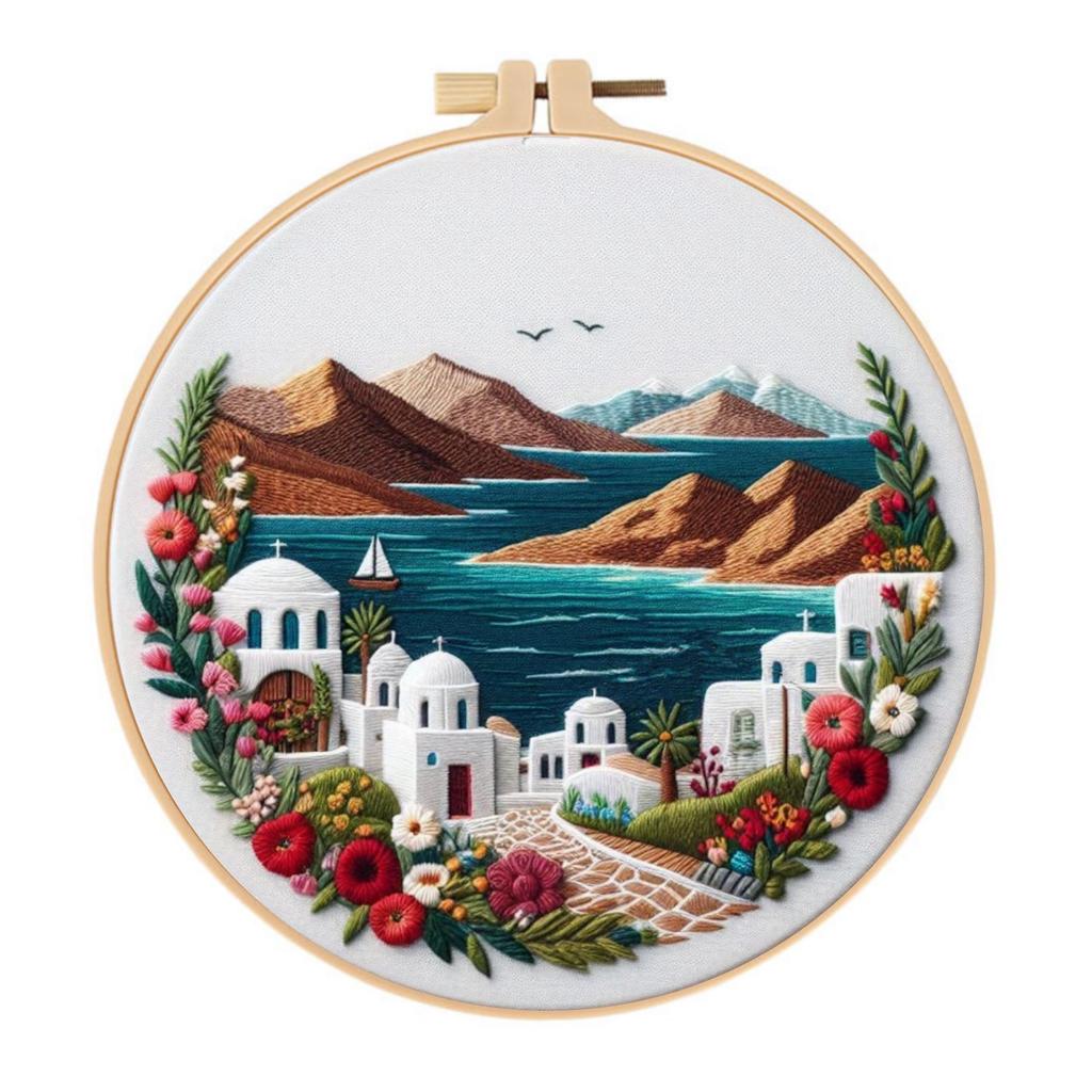 1set Spring/Summer Mountain and Sea Series Embroidery DIY Material Kit, including tools, suitable for beginners. Hand embroidery fabric materials.