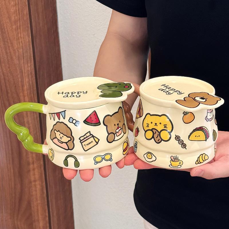 Cute Cartoon Girl Petting Animal Graffiti High Office Water Cup with Lid Cute Mug Student Ceramic Cup