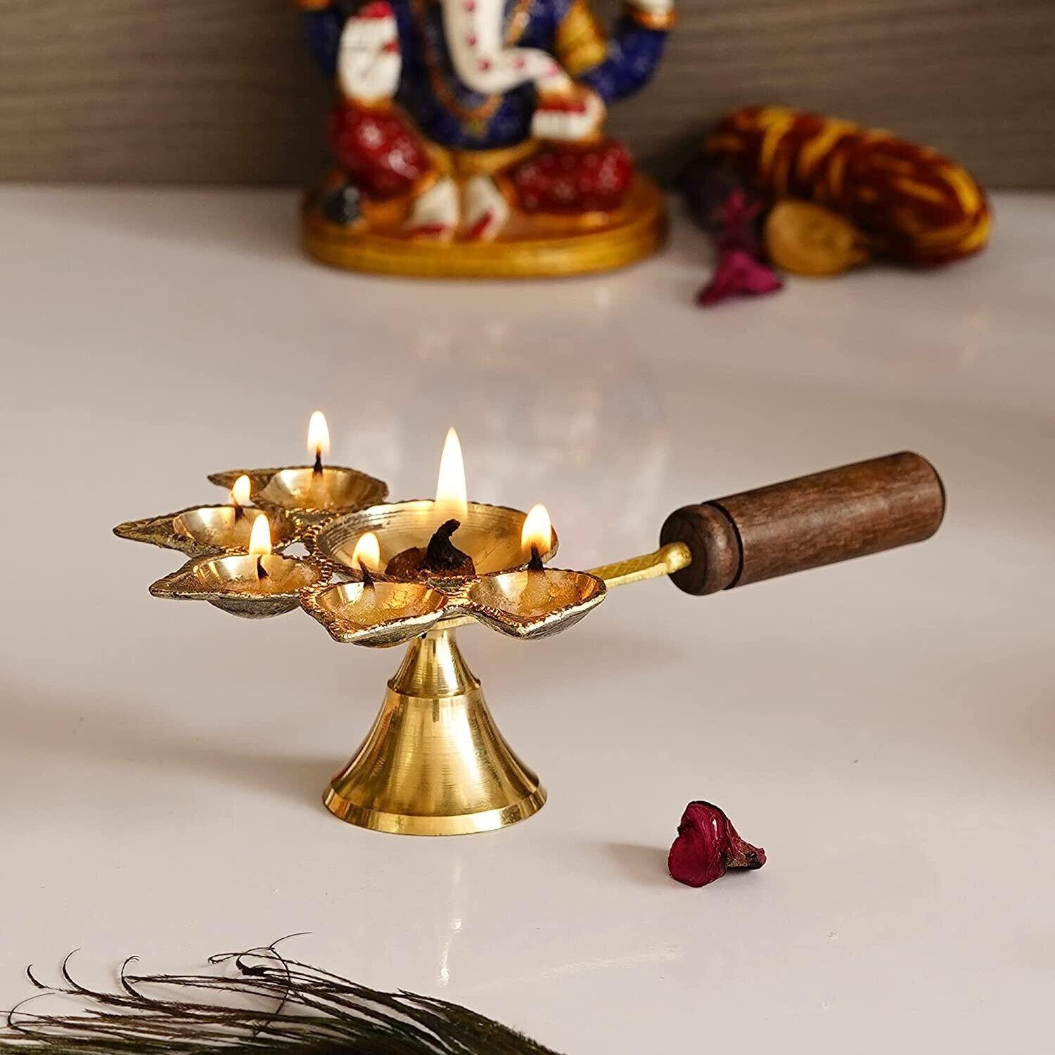 

Indian Traditional Brass Panchdeep Diya For 5 Cotton Wicks With Wooden Holder CN1032