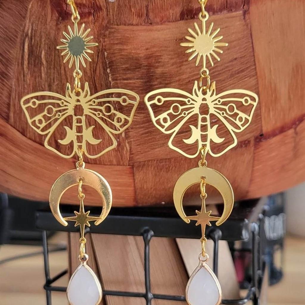 Bohemian Gold Moon And Sun Butterfly Dangle Earrings For Women