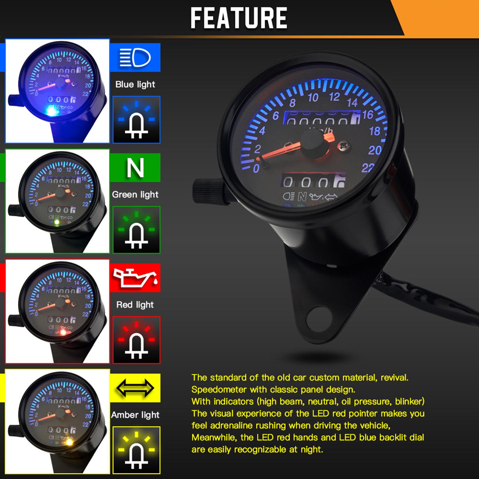 Custom Motorcycle Mechanical Speedometer with LED Indicator Odometer 220kmCelsiush