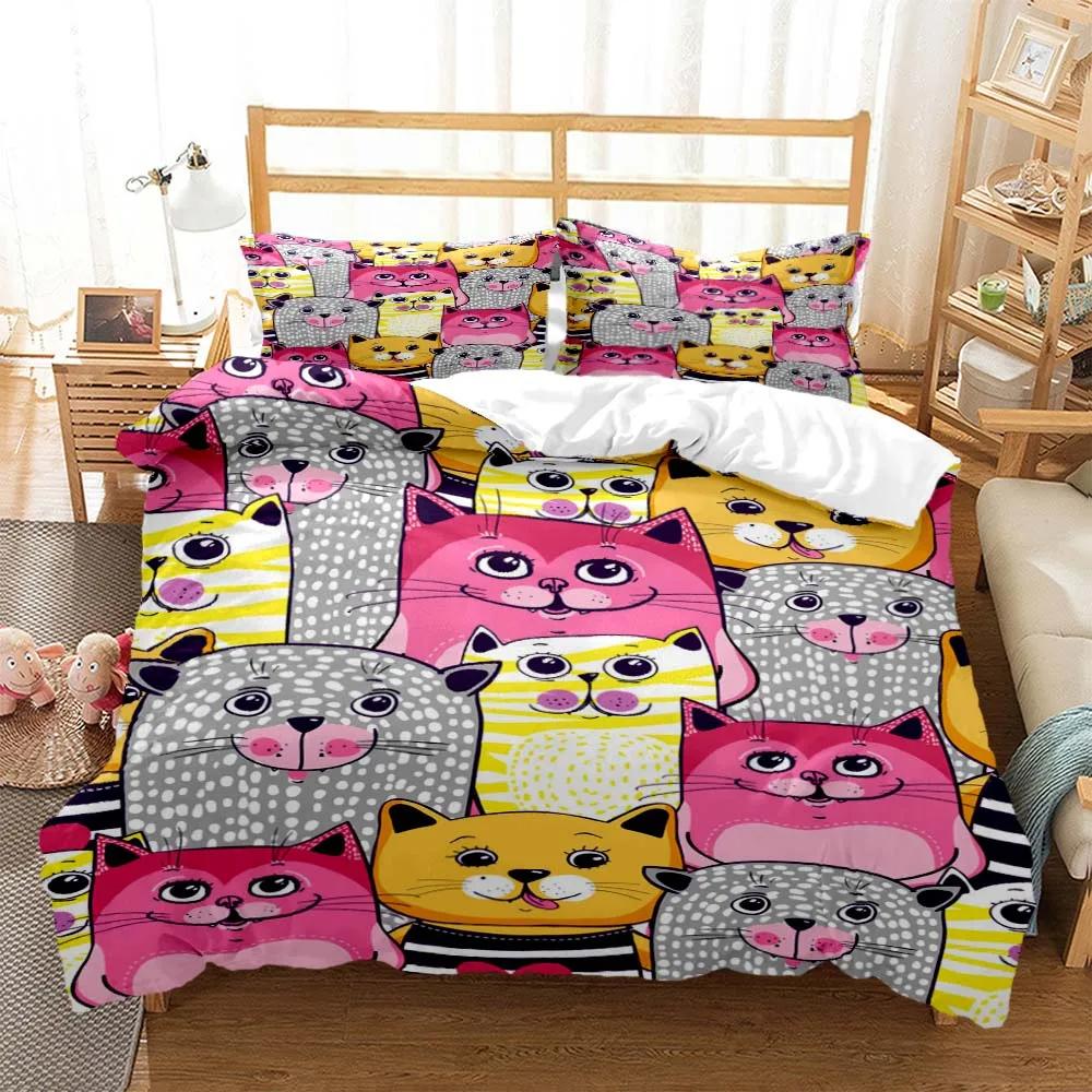 Cute Cat Print Quilt Cover Pillow Cover Bedding Set Luxury Queen Bedding Set Cute Style Customized Boys Bedding Set