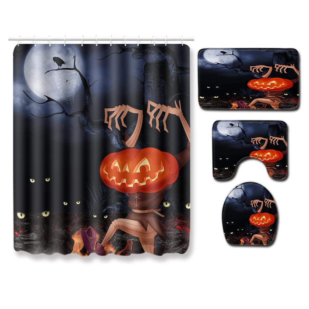 Halloween Shower Curtain Floor Mat Combination Four-Piece Set Bathroom Toilet Carpet Shower Room Foot Mat