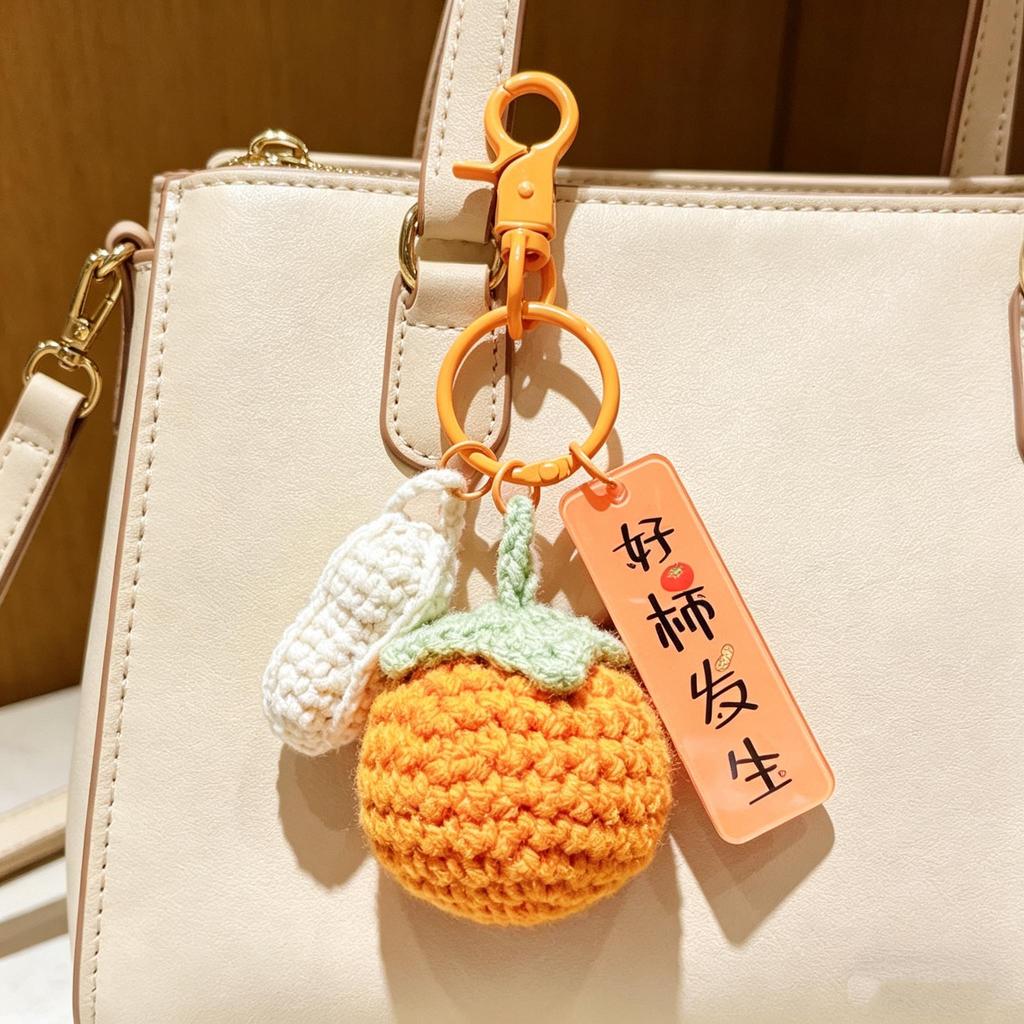Handmade Crocheted Persimmon Keychain, "Good Things Happen" Lucky Charm,Lucky Persimmon Peanut Keyring, Hand-Knitted Fruit Pendant with Wish Tag