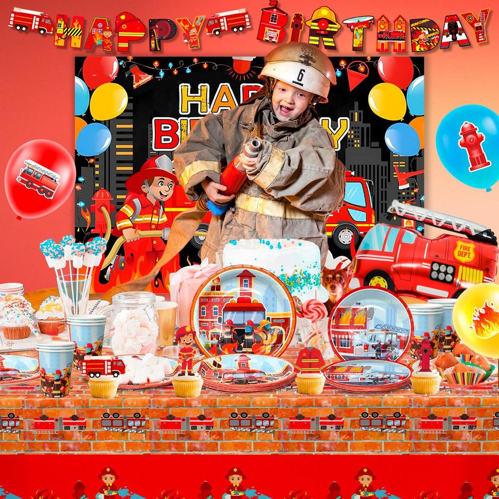 Fire Truck Birthday Party Supplies,Firetruck Birthday Decorations&Tableware Set-Plates Cups Balloon Backdrop etc Fire Truck Party Supplies
