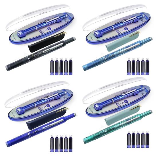 Fountain Pen Retractable 0.38mm Blue Ink Transparent Barrel Fine Nib Fountain Pen
