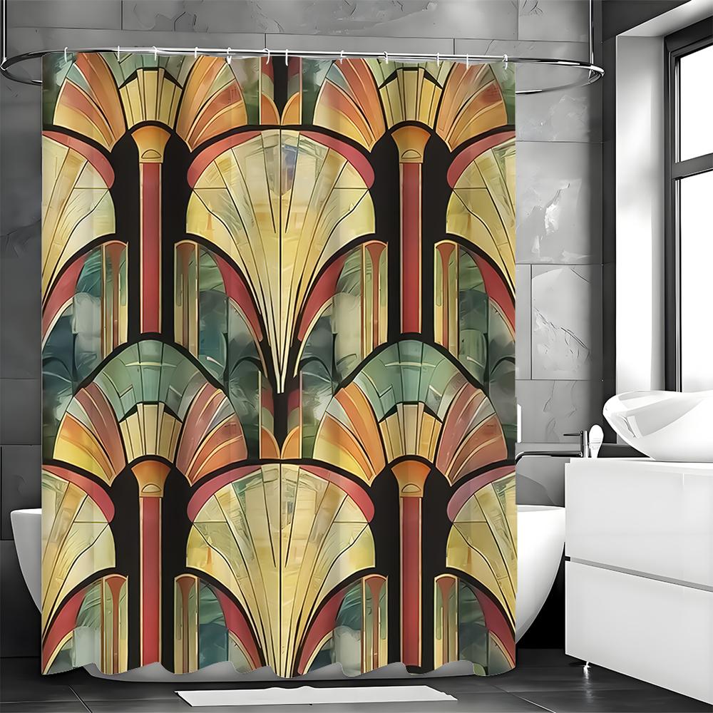 Vintage Mid Century Gold Gothic European Pattern Shower Curtain, Bathroom Decorative Shower Curtain, Waterproof Shower Curtain w
