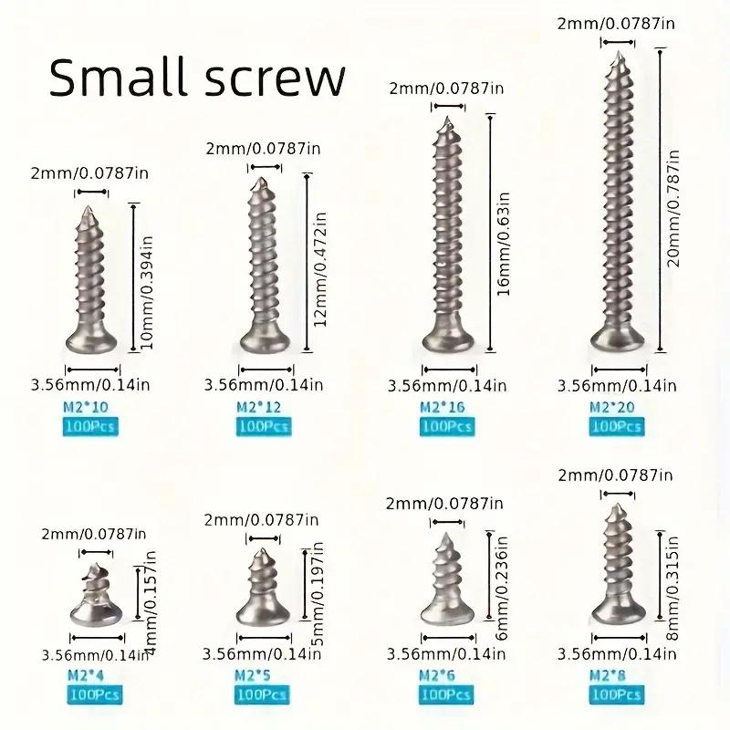 800pcs M2 Self Tapping Phillips Screws Assortment Kit 5 Sizes Alloy Steel Cross Drive Flat Head Self Drilling Wood Screws DIY
