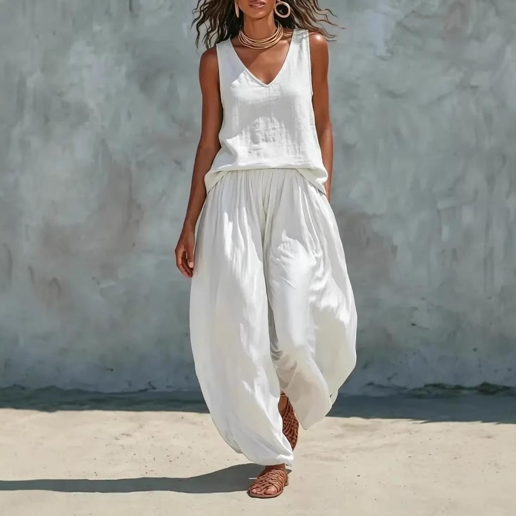 Damen Lässiges V-Ausschnitt Ärmelloses Oberteil und Weite Hosen Set Sommer Loungewear Zweiteiliges Outfit