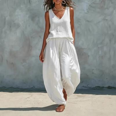 Damen Lässiges V-Ausschnitt Ärmelloses Oberteil und Weite Hosen Set Sommer Loungewear Zweiteiliges Outfit