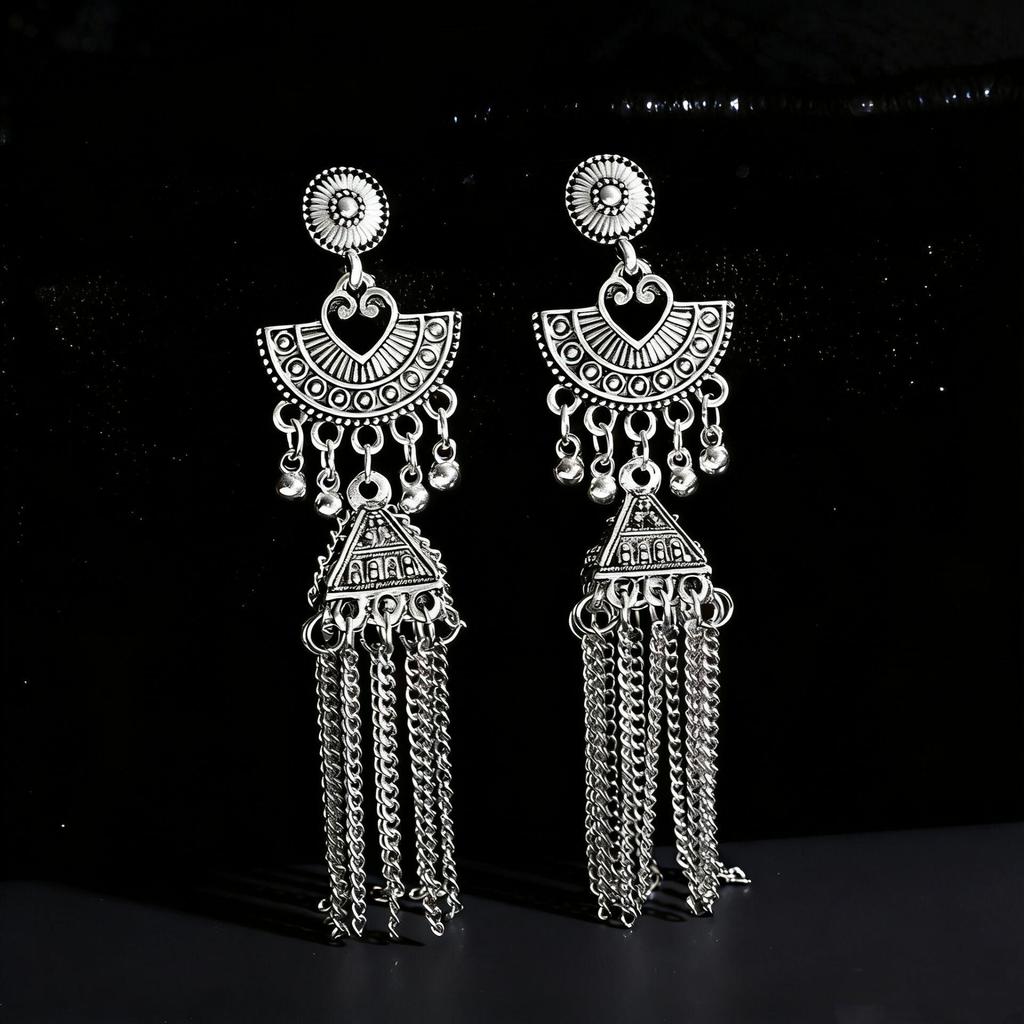Vintage Fan-Shaped Tassel & Bell Earrings - Retro Ethnic Style for Women