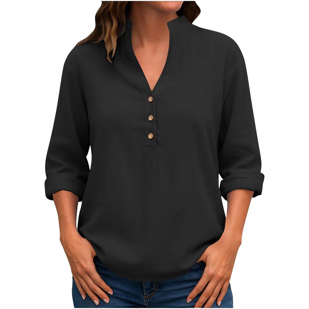 Women's Fashionable Solid Color V-neck Button Long Sleeved Casual Shirt Top